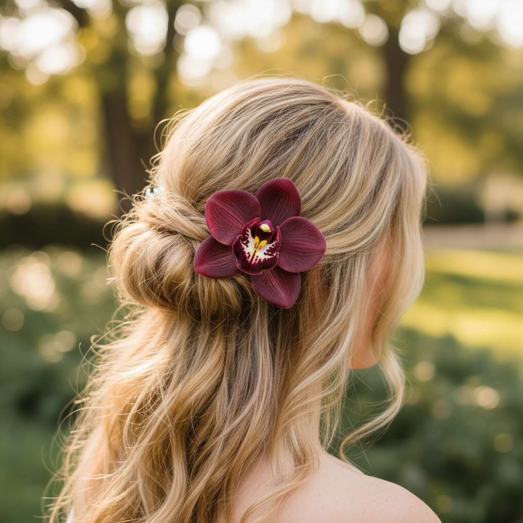 Burgundy Cymbidium orchid bloom as bridal hair accessory in blonde wavy hair