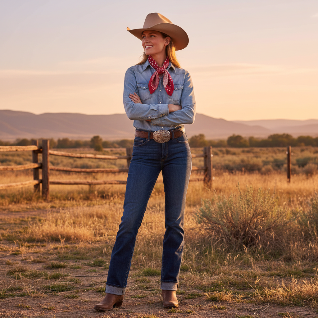 Woman wearing red patchwork satin bandana scarf as neck scarf in western cowgirl outfit with denim and boots
