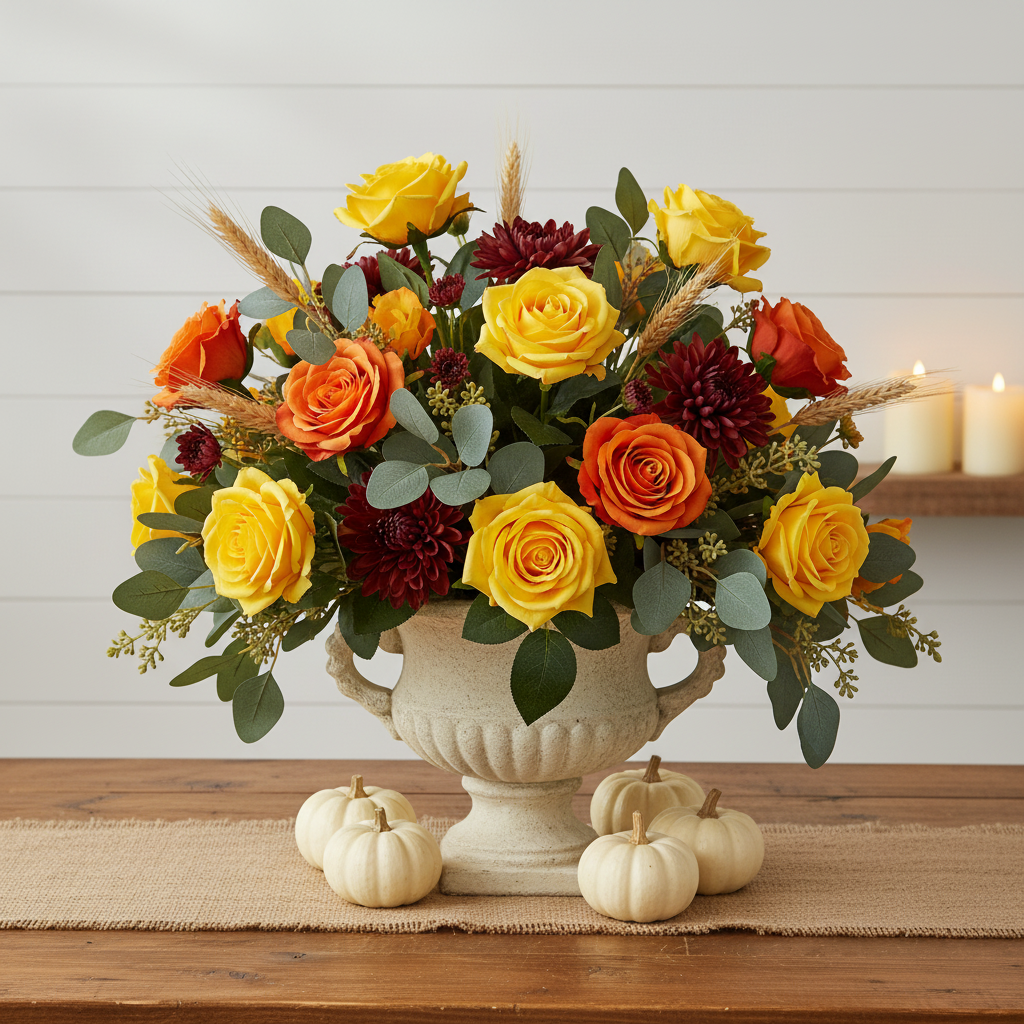 Artificial bright yellow roses with orange roses, burgundy mums, and wheat stems in an aged stone pottery urn with cream pumpkins on a burlap-draped farmhouse dining table