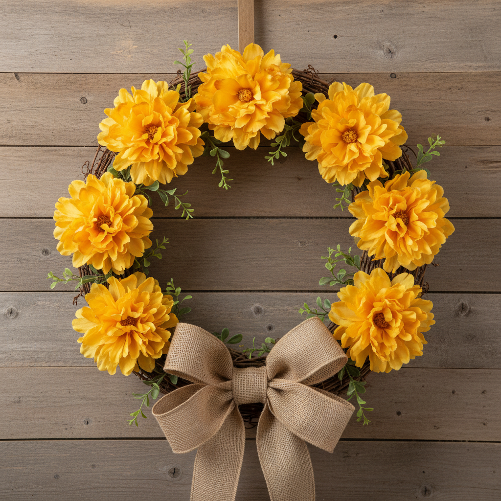 Golden yellow peony flower picks arranged on a country grapevine wreath with greenery and burlap bow, rustic farmhouse wall background