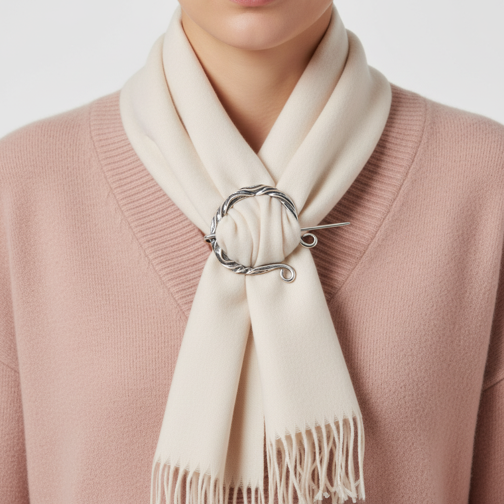 Silver vine brooch scarf clip holding cream cashmere scarf on blush pink cardigan