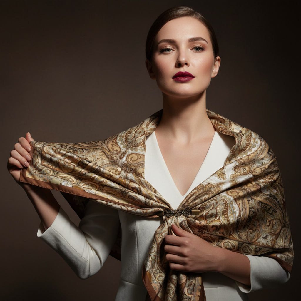 Antiqued bronze sweater clip holding fall paisley gold brown wild rag scarf as shawl wrap, luxury editorial