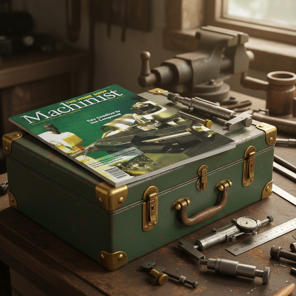 Metalworking magazine styled on vintage metal toolbox with precision measuring tools and brass fittings in industrial workshop setting