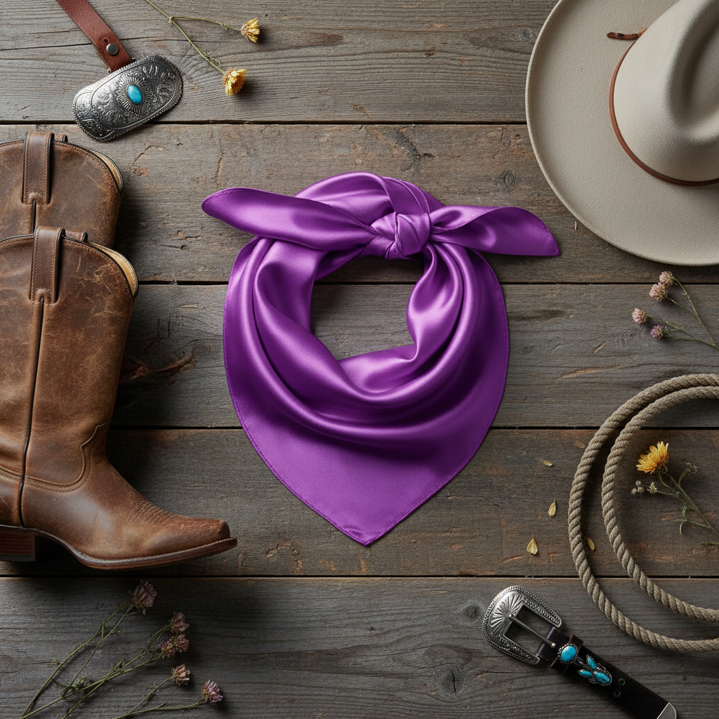 Flat lay of violet purple satin wild rag scarf on barn wood with western boots and cowboy hat