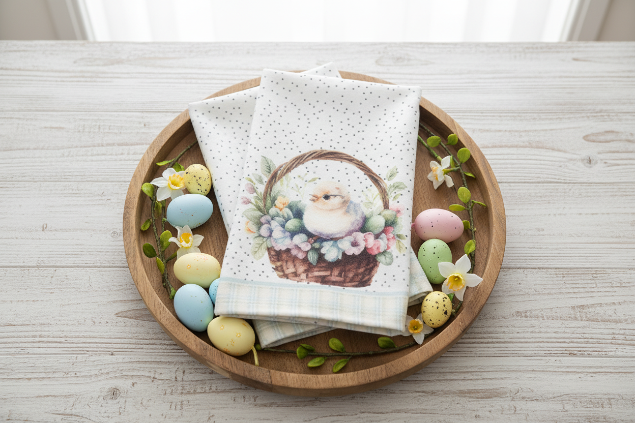 Easter bunny and chick towel set folded on rustic wooden tray with Easter eggs and spring greenery