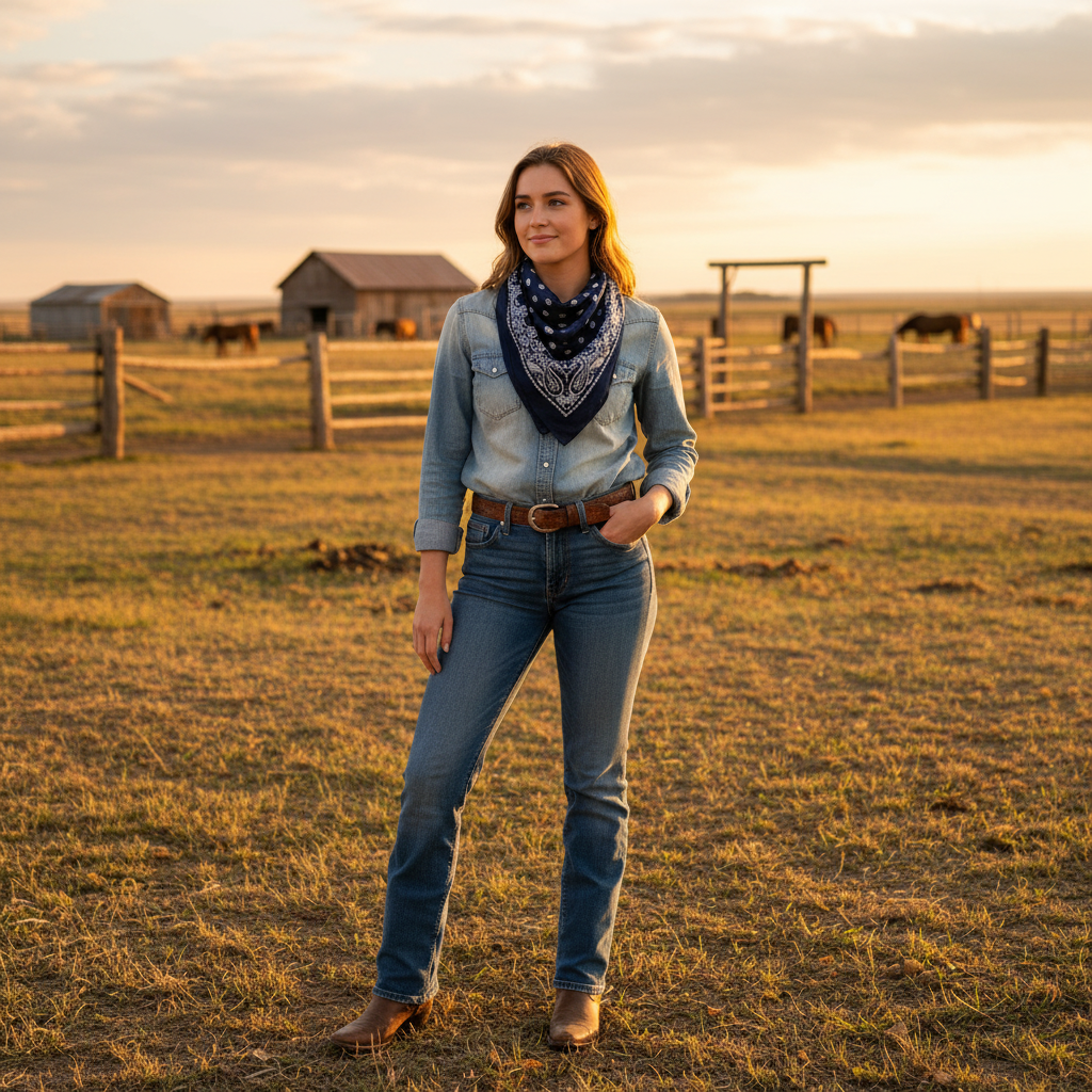 Woman wearing navy blue paisley wild rag scarf tied around neck at ranch, western cowgirl style golden hour