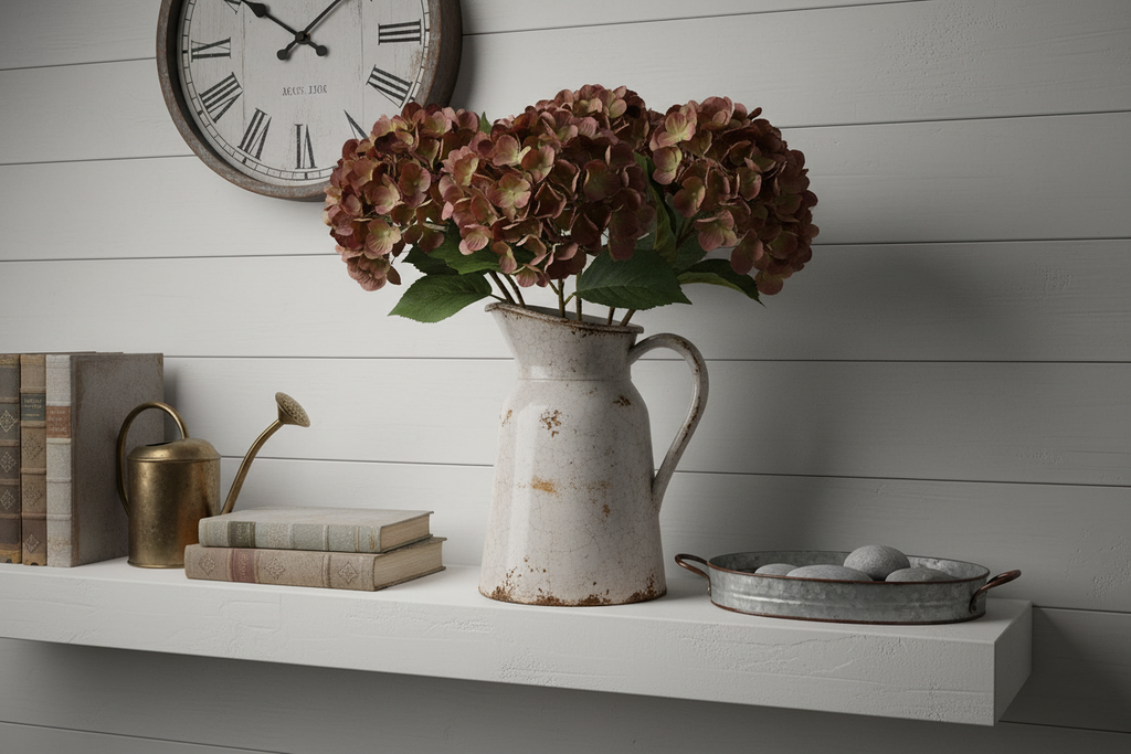 Plum mauve hydrangea stems in vintage pitcher on white shiplap wall shelf with farmhouse accessories, moody rustic styling