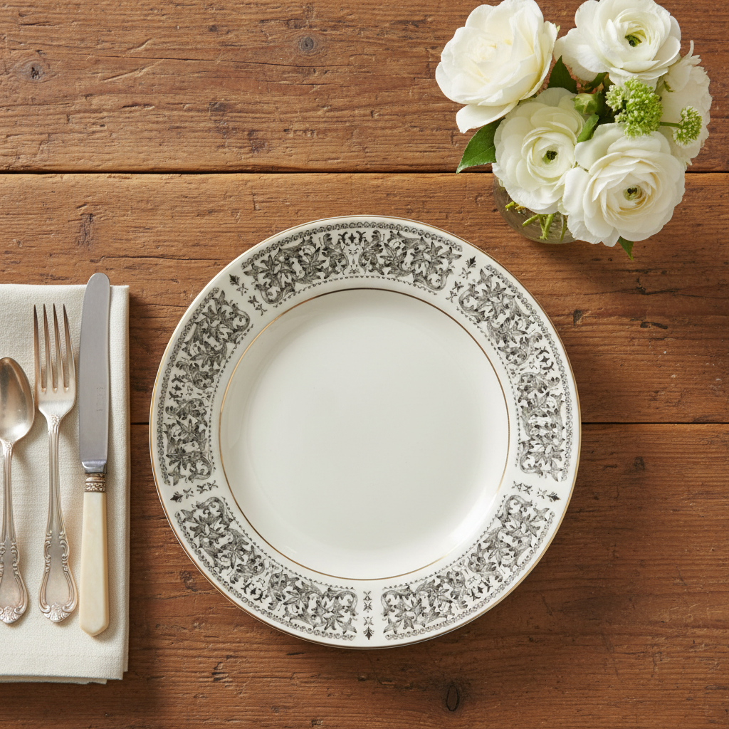 Overhead flat lay of vintage black and white floral china dinner plates with gold trim styled on rustic wooden table