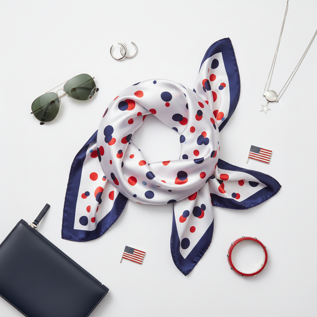 Flat lay of patriotic red white blue polka dot scarf with fashion accessories on white background