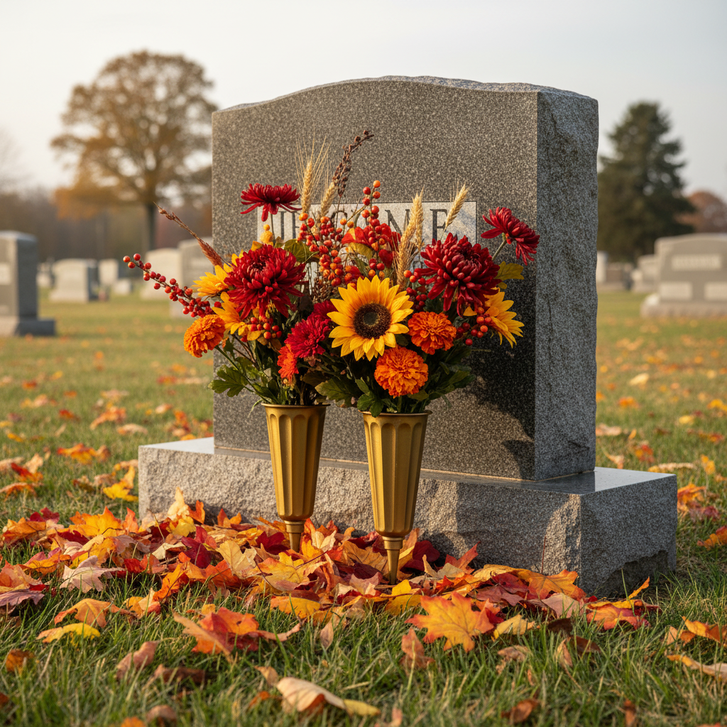 Autumn gravesite scene with small gold memorial vases holding seasonal flowers