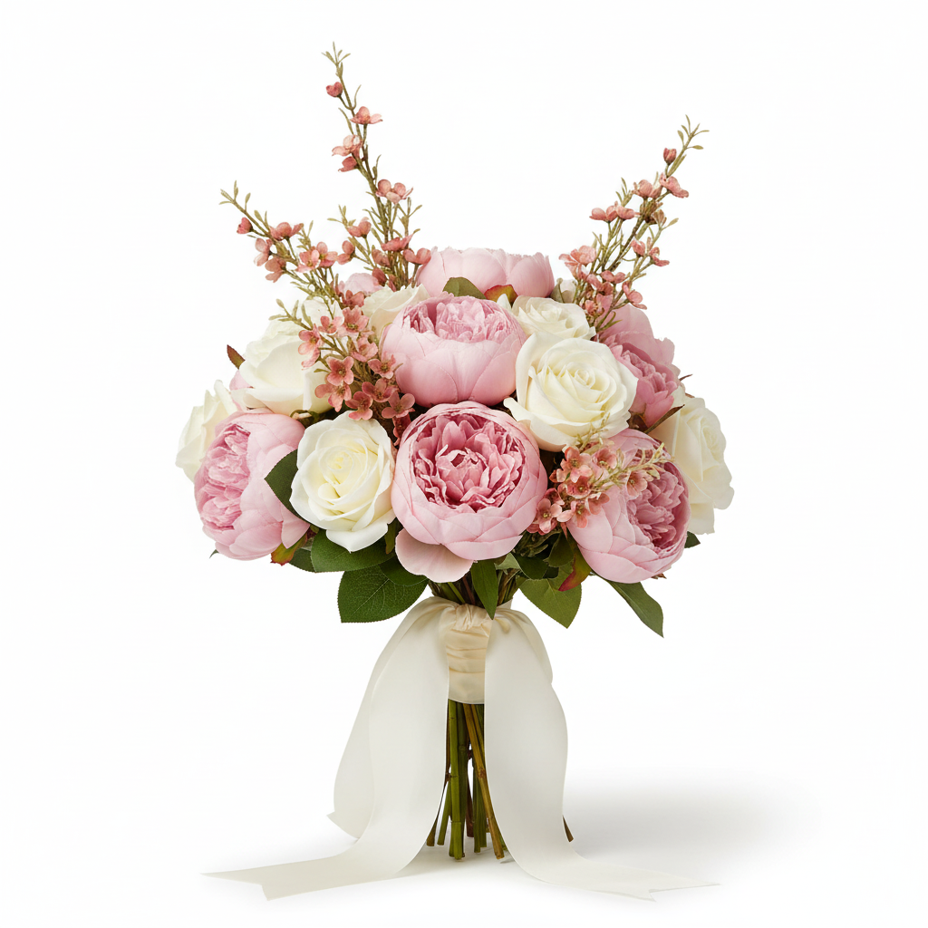 Artificial two-tone pink dogwood stems as filler flower in professional bridal bouquet with pink peonies and white roses