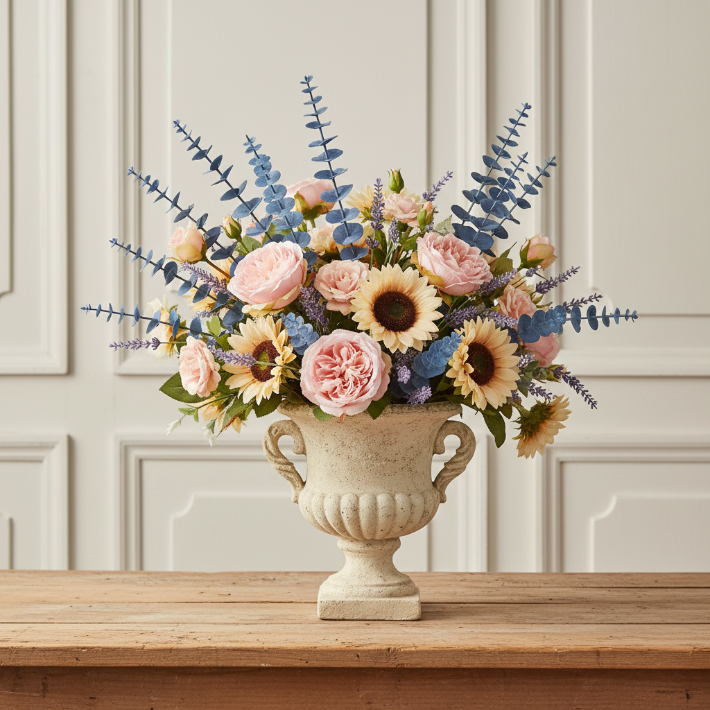 French blue faux eucalyptus stems arranged with blush roses, lavender, and cream sunflowers in an aged cream stone urn on a weathered wood table with white French country paneling