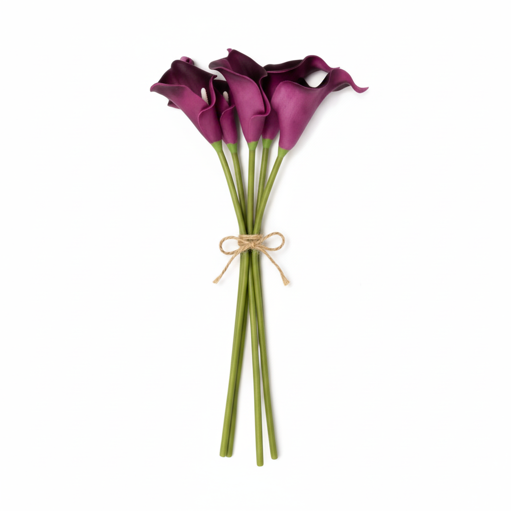 Bundle of 5 plum purple real touch artificial calla lily stems tied with twine on white background - faux eggplant wedding flowers
