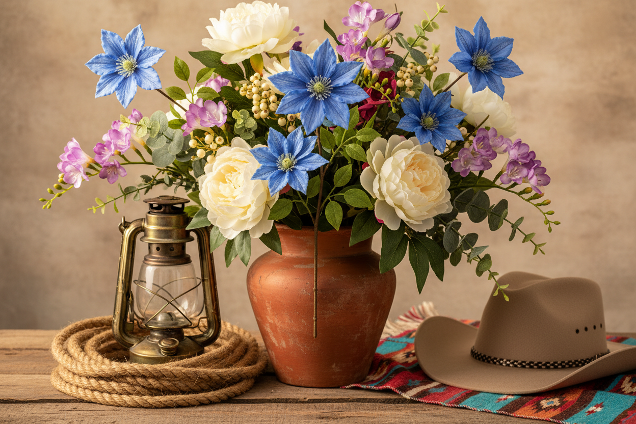 Soft blue clematis faux flower stems in a rustic terracotta vase with western wildflower styling, weathered wood surface, rope coil, vintage lantern and cowboy hat accents