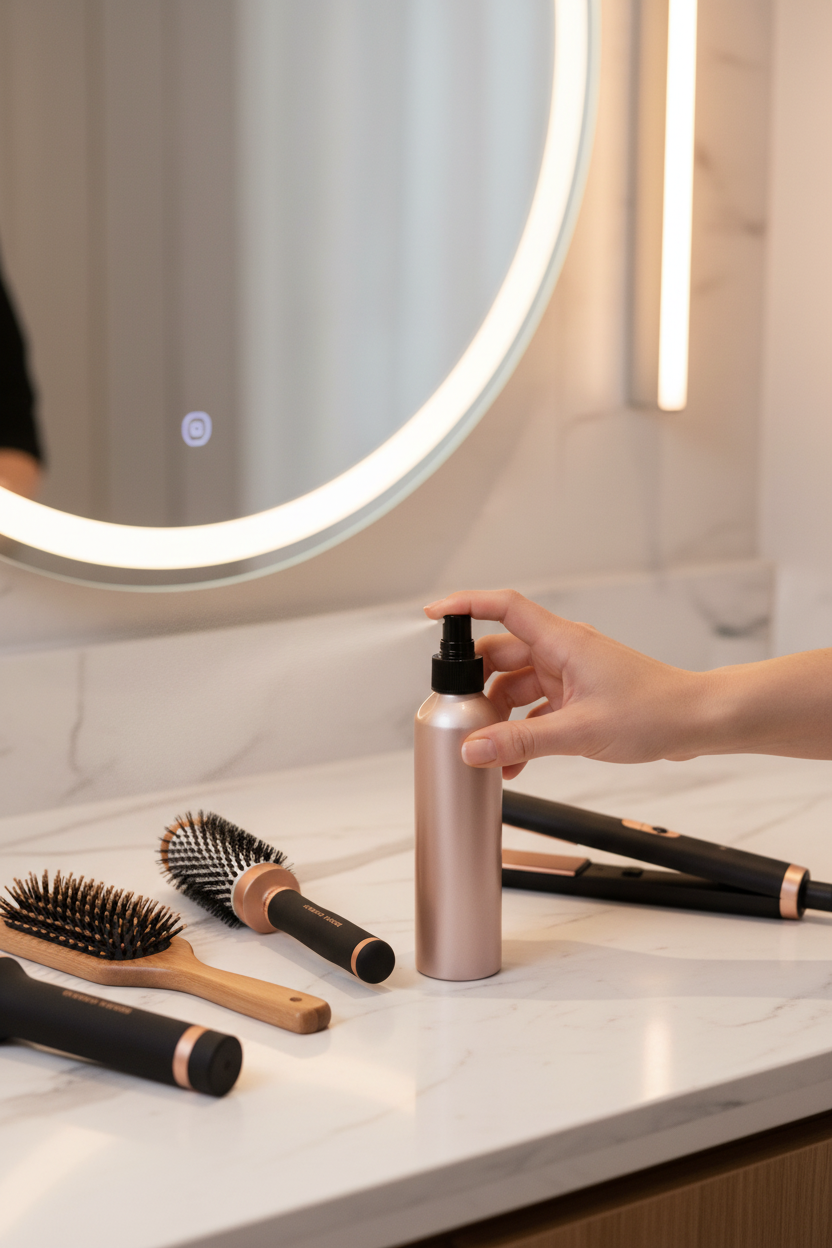 Rose gold metallic aluminum pump bottle on bathroom vanity hair care station, hand pressing pump with brushes and styling tools nearby