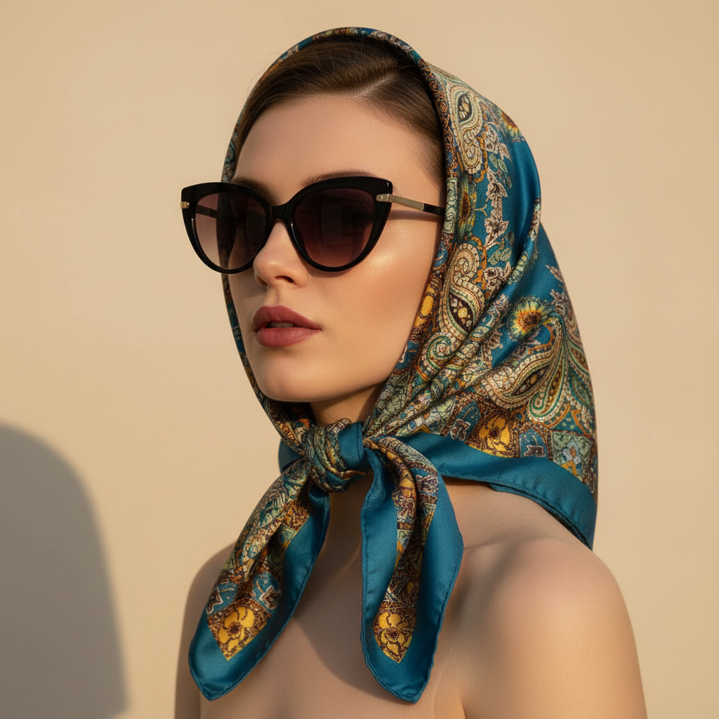 Woman wearing teal blue paisley satin scarf as a vintage glamour head scarf with sunglasses – 35 inch square scarf