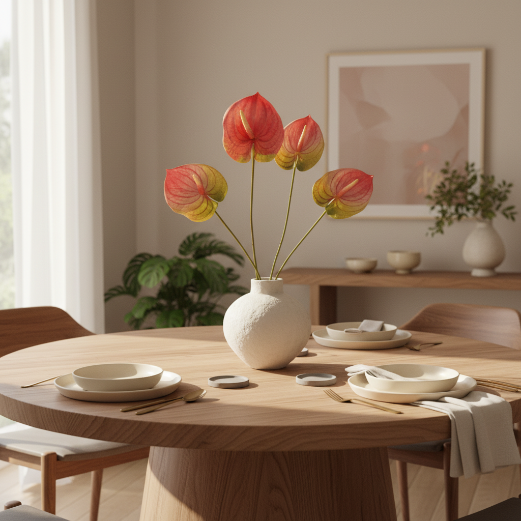 Modern organic interior with artificial pink green Anthurium flowers on dining table, boutique hotel aesthetic minimalist styling