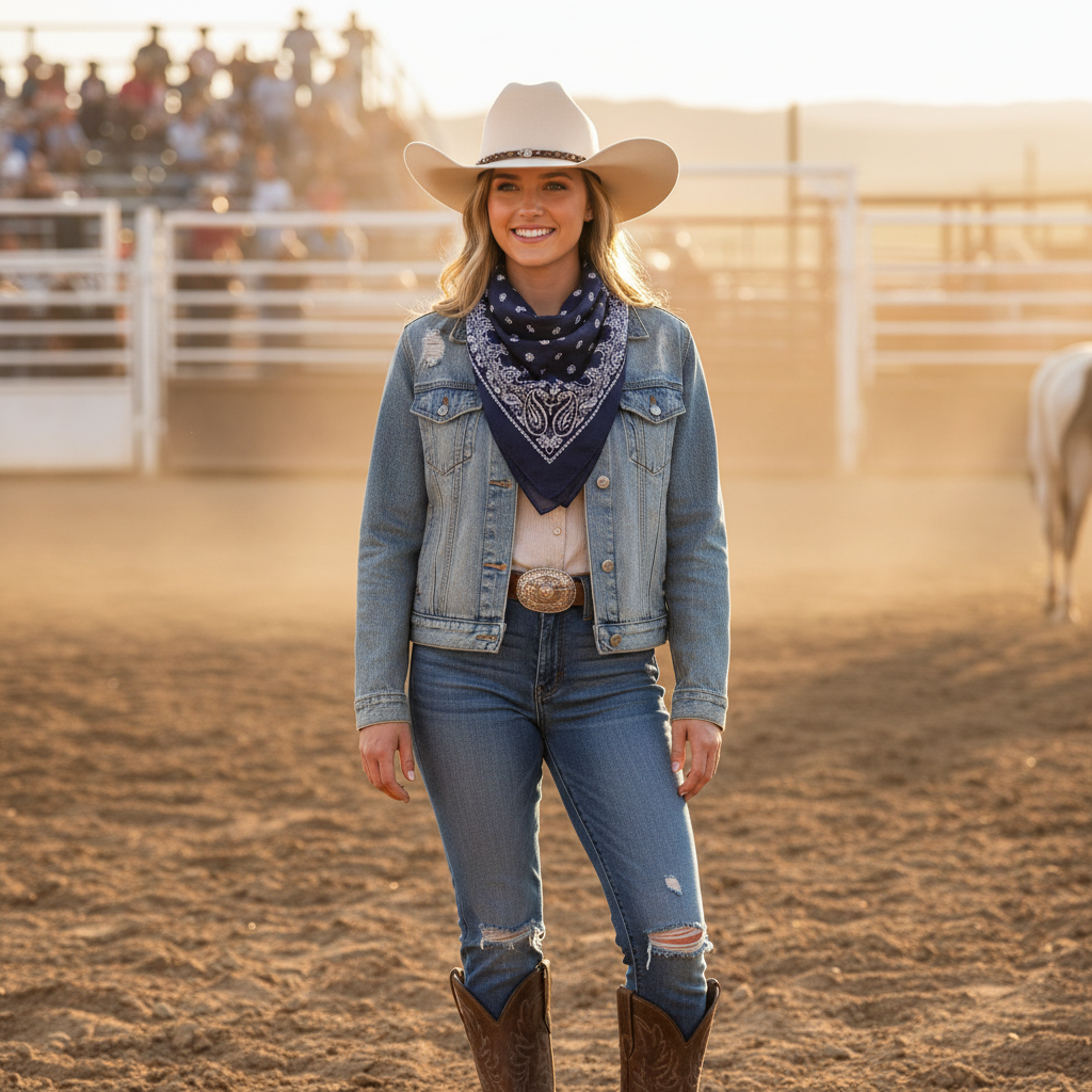 Woman wearing navy blue paisley wild rag scarf at summer rodeo, western cowgirl outfit with denim and cowboy hat