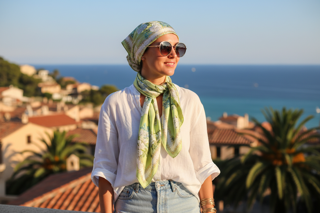 Green floral satin scarf styled as headscarf wrap for summer vacation, casual chic look
