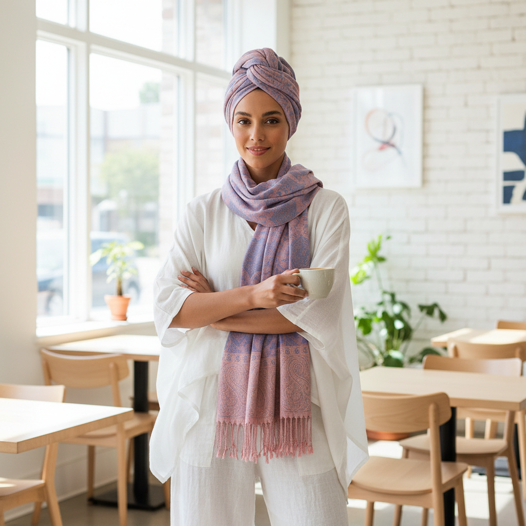 Woman wearing dusty blue blush pink paisley jacquard scarf tied as head wrap turban with white linen outfit in cafe