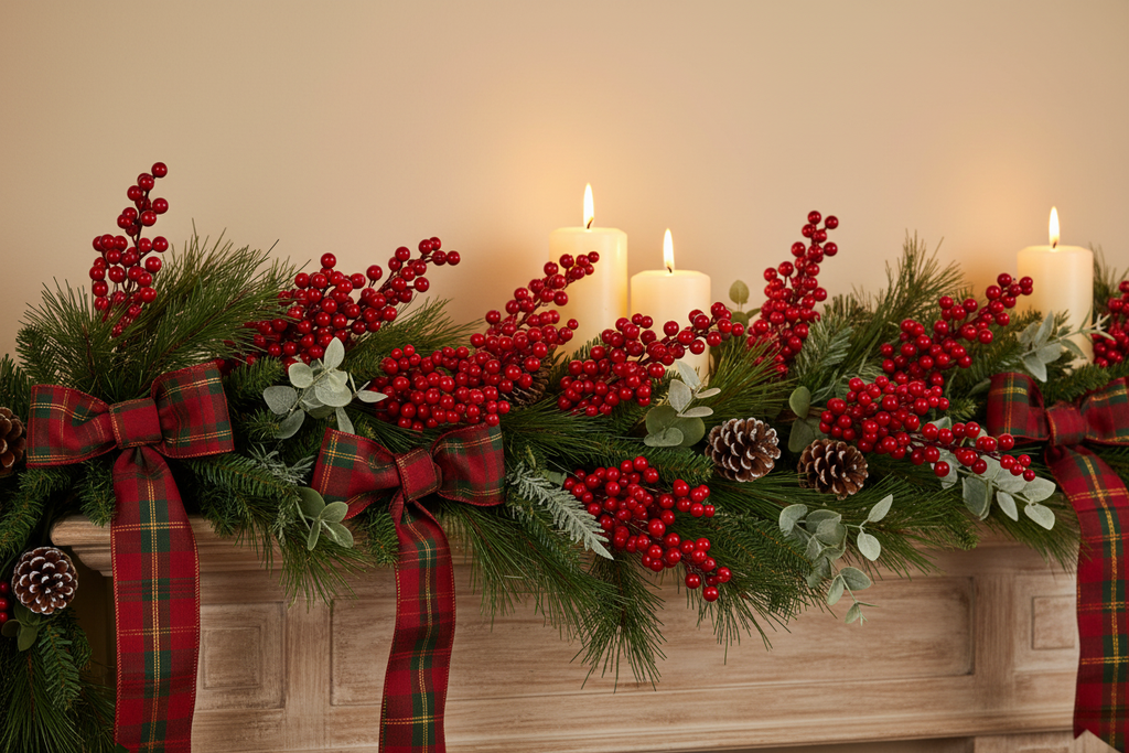 Red artificial berry picks woven into a Christmas pine garland with candles and plaid ribbon on a holiday mantel