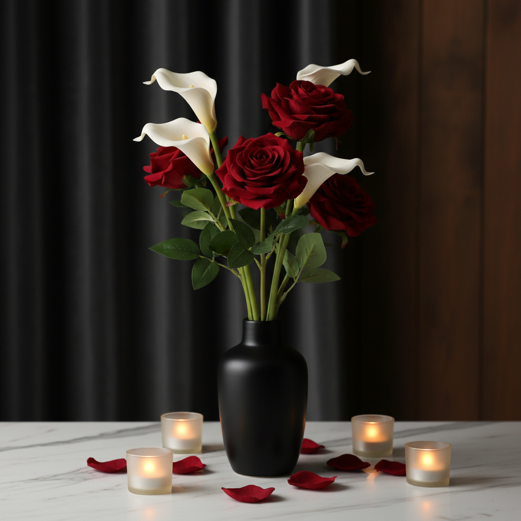 Dark red faux roses and white calla lilies romantic candlelit arrangement in sleek vase on marble surface