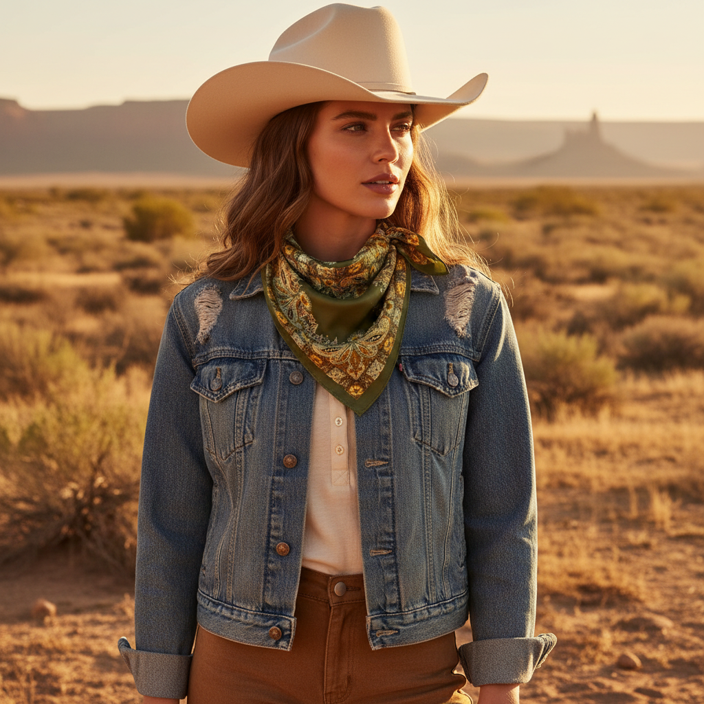 Woman wearing olive green gold paisley satin scarf as a western neck bandana with cowboy hat – rodeo and ranch wear styling