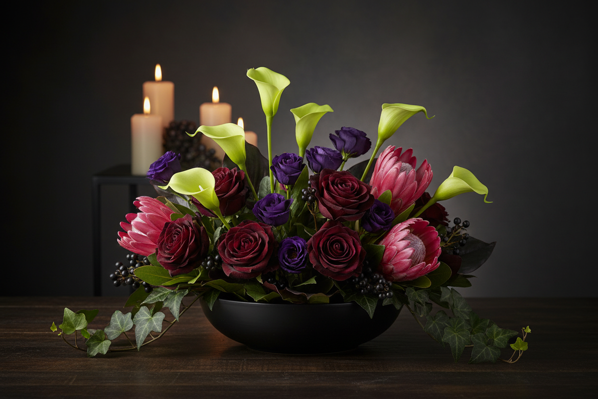 Halloween tropical floral arrangement with 5 lime green artificial calla lily stems, burgundy-black roses, hot pink protea, and purple lisianthus in a black matte ceramic bowl with dark ti leaves