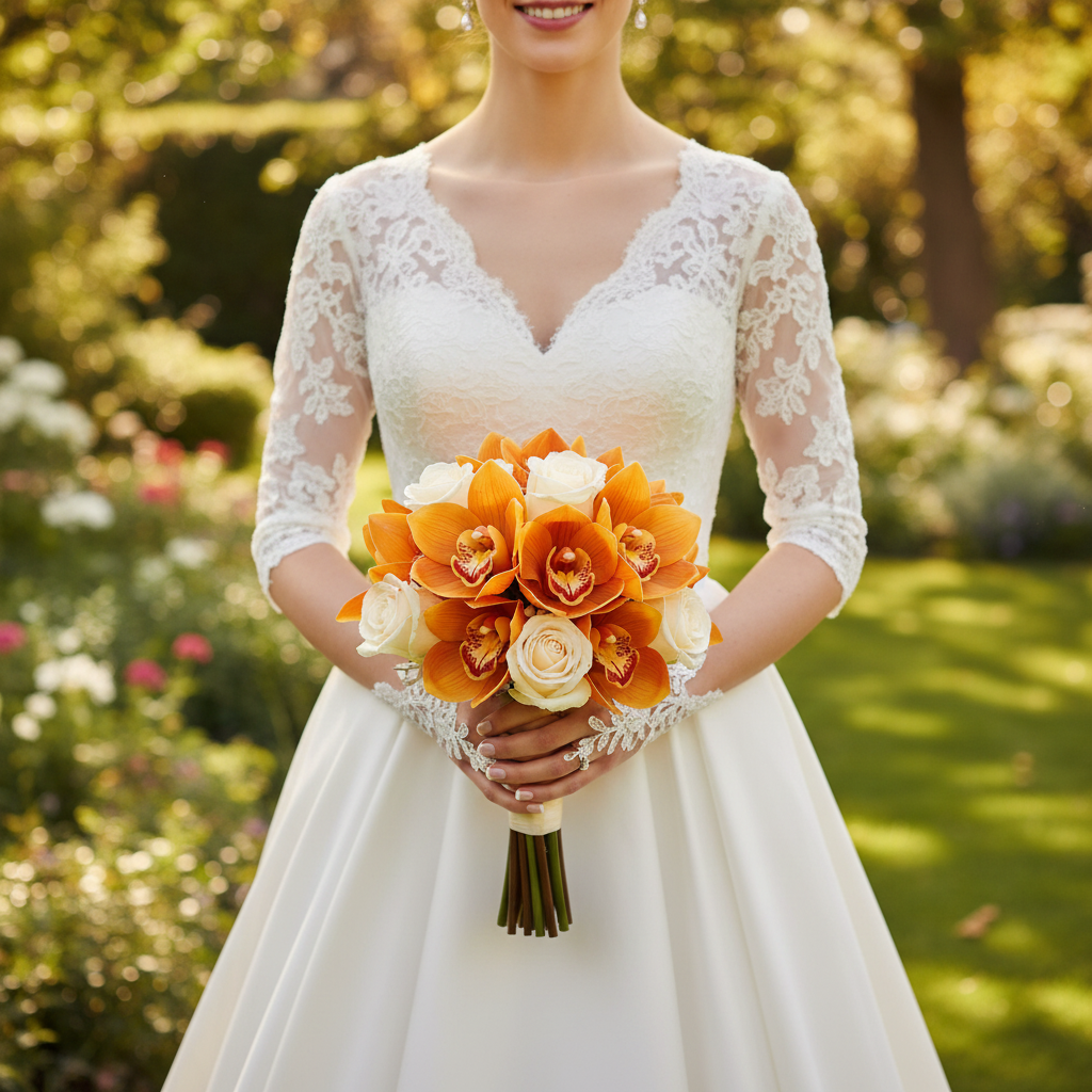 Wedding bouquet with orange Cymbidium orchids and cream roses