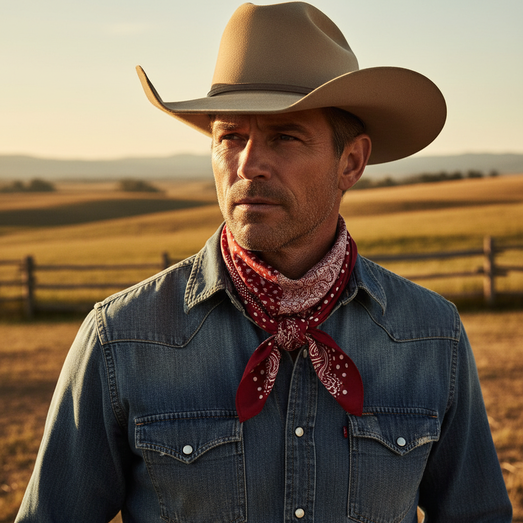 Cowboy wearing red patchwork satin bandana scarf tied around neck in classic western style with denim and cowboy hat at ranch