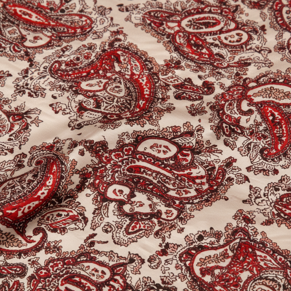 Close-up detail of red paisley satin square scarf showing intricate pattern and silky fabric texture