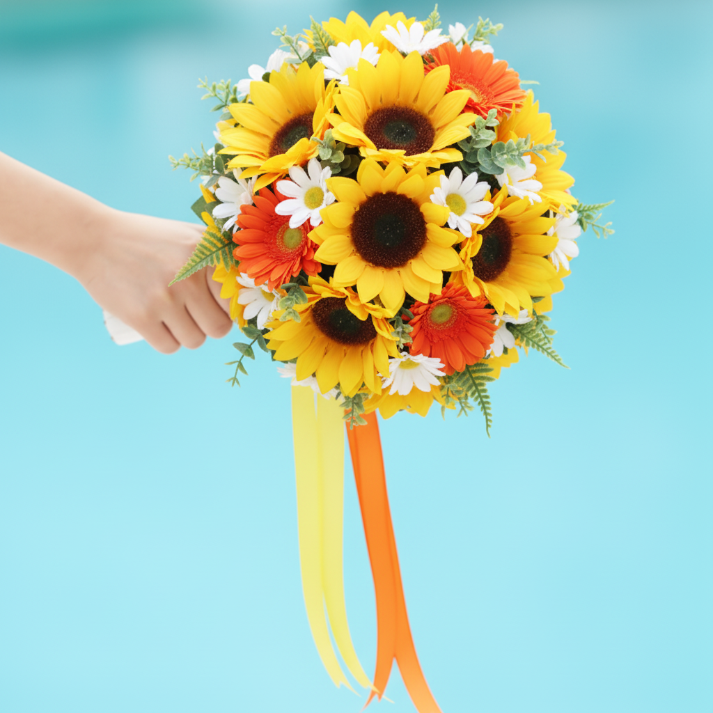 Elegant round bridal bouquet with yellow sunflowers, white daisies, and orange gerbera daisies made with foam bouquet holder, hand holding white handle with ribbon