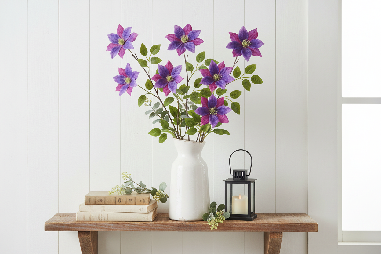 Rich purple clematis faux flower stems in a white farmhouse pitcher vase on a rustic wood shelf with vintage books and greenery accents