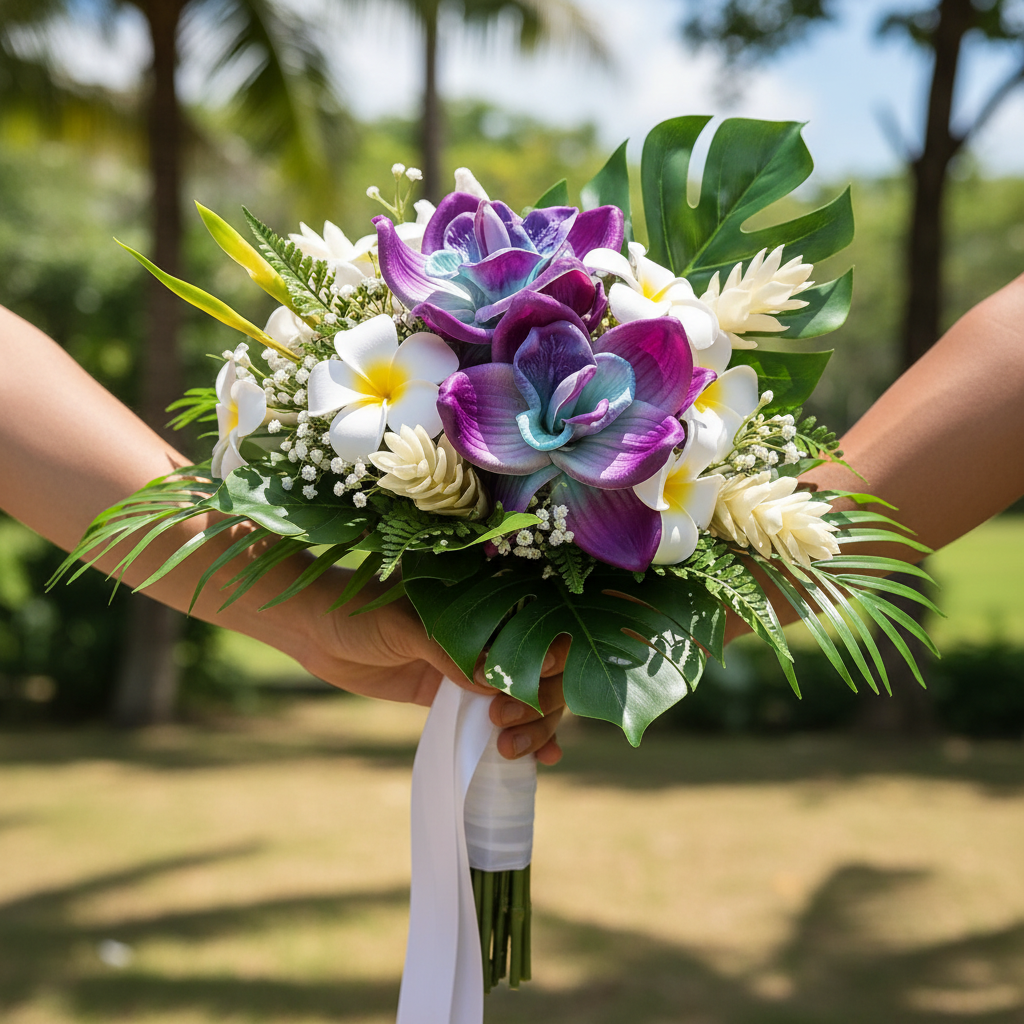 Tropical wedding bridal bouquet featuring artificial purple and teal orchid stems mixed with white flowers and green tropical leaves