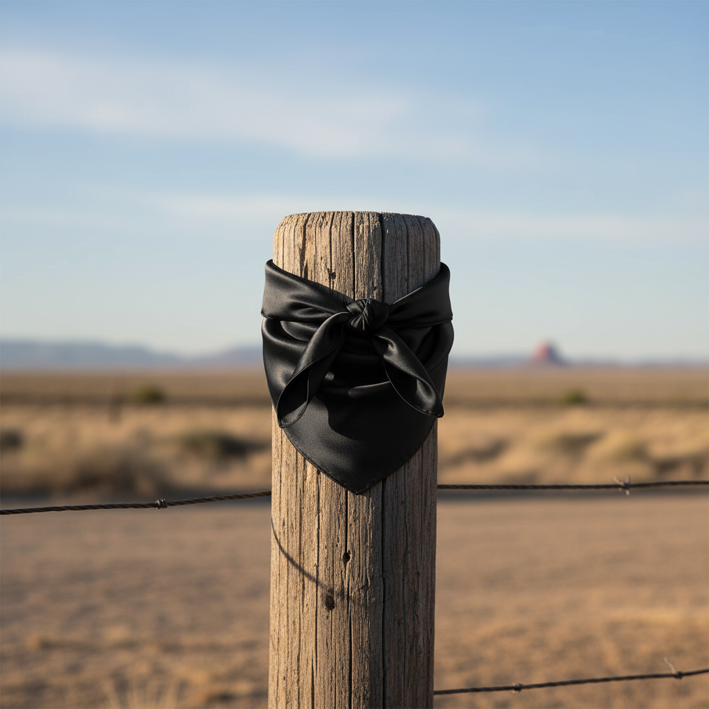 Black silk bandana scarf styled on rustic wooden fence post in Western ranch setting