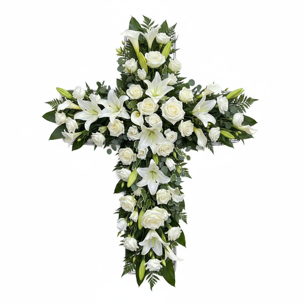 White lily and rose sympathy cross arrangement with wire frame fully covered by densely packed flowers