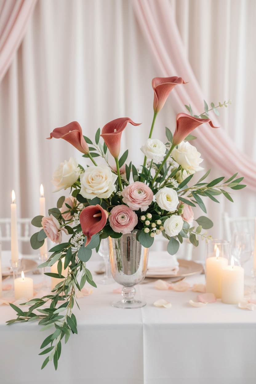 Terracotta calla lily stems arranged in a tall mercury glass vase as a high style wedding reception centerpiece on a white linen table with soft blush pink draped fabric, ivory candles, blush rose petals, ivory roses, blush ranunculus, and eucalyptus