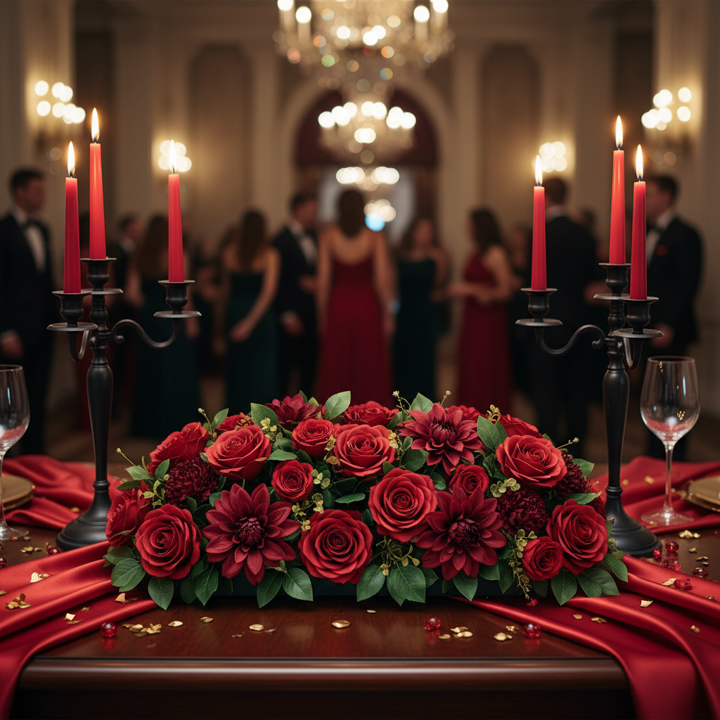 Deep red artificial silk rose and burgundy dahlia rectangular centerpiece on dry floral foam block for Valentine's Day or gala event