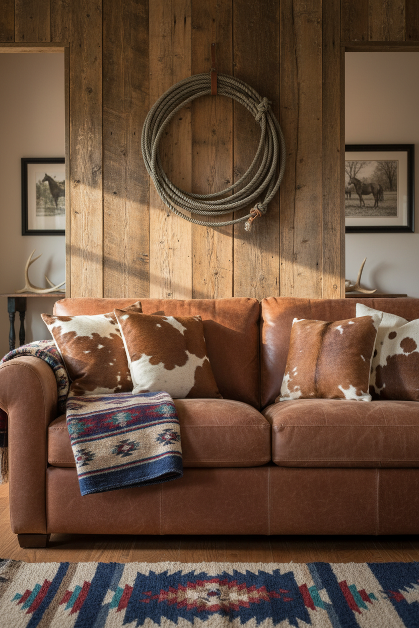 Gray-tan nylon Western lariat rope styled as a decorative wreath hung on a reclaimed wood wall above a leather Western-style couch with cowhide pillows and Navajo blanket