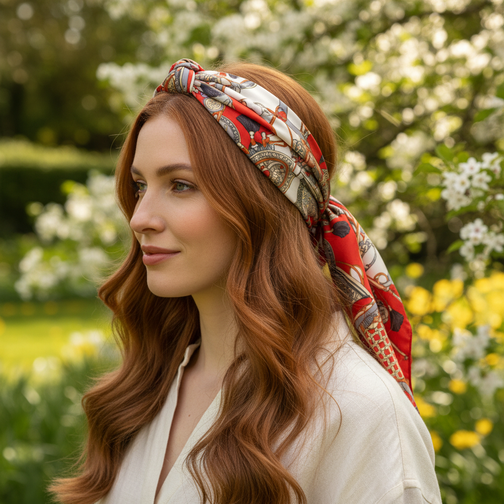 Red equestrian harness satin scarf 20x20 worn as headband hair accessory