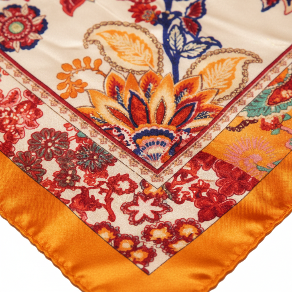 Close-up detail of orange bohemian floral satin fabric with intricate botanical pattern and golden border