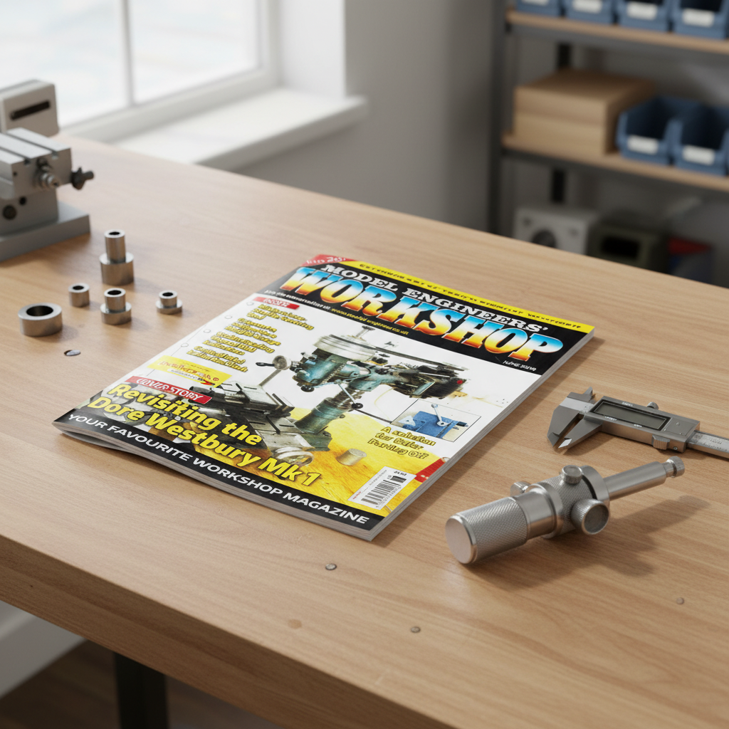 Model Engineers Workshop magazine with precision measuring tools on workbench