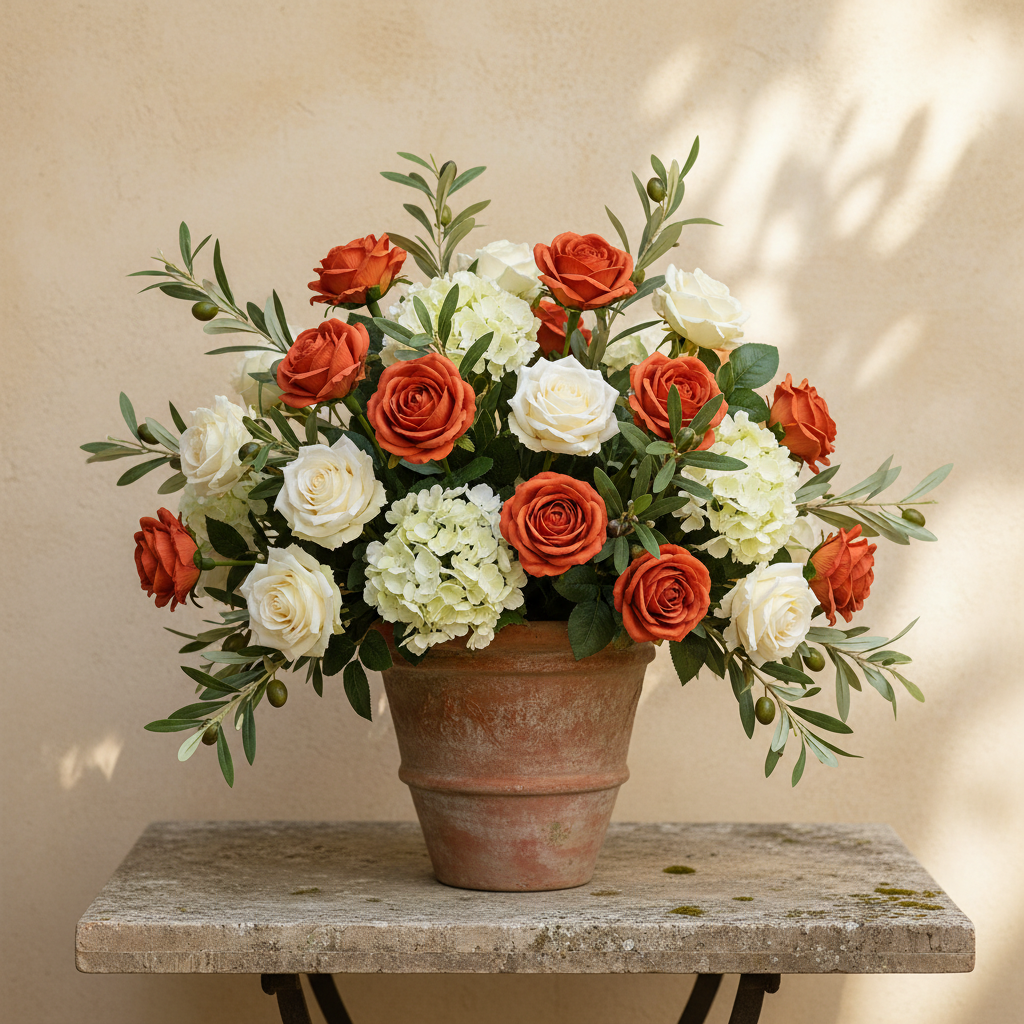 Artificial terracotta roses with cream roses, olive branches, and white hydrangeas in an aged terracotta clay pot on a stone table with warm Mediterranean stucco wall background