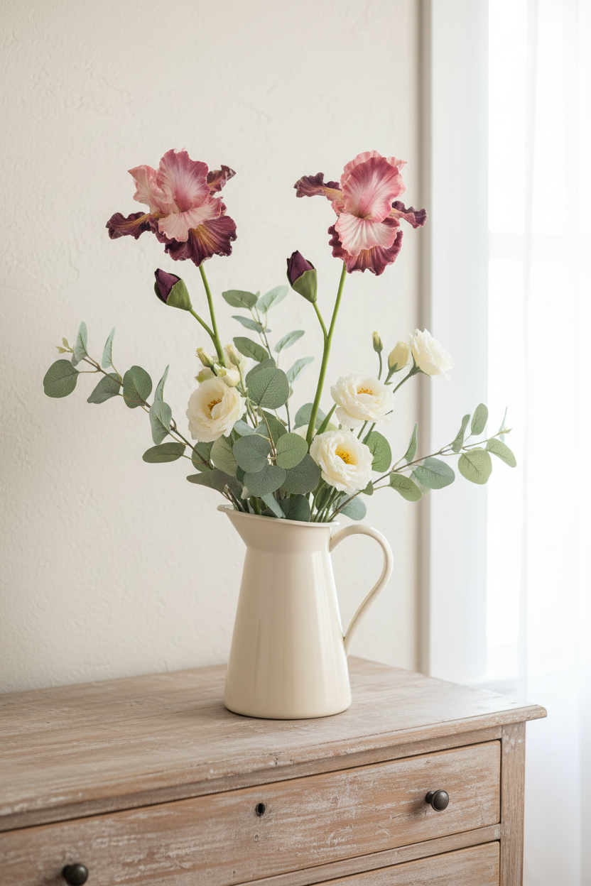 Two blush pink and plum purple real touch iris stems in a cream ceramic pitcher on a bedroom dresser, French country cottage interior with eucalyptus and ivory lisianthus