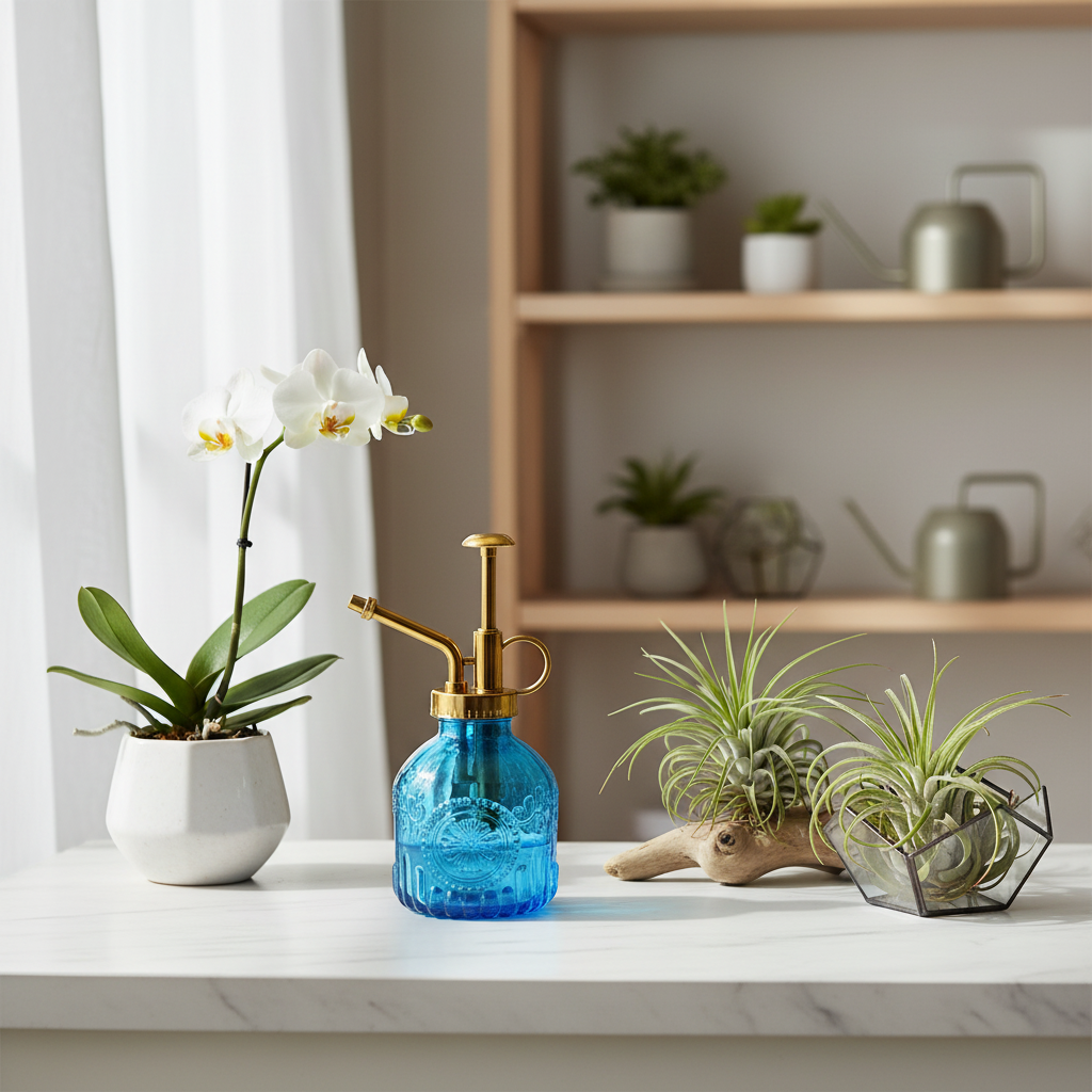 Blue glass plant mister with gold pump on white marble plant care station with orchids and air plants
