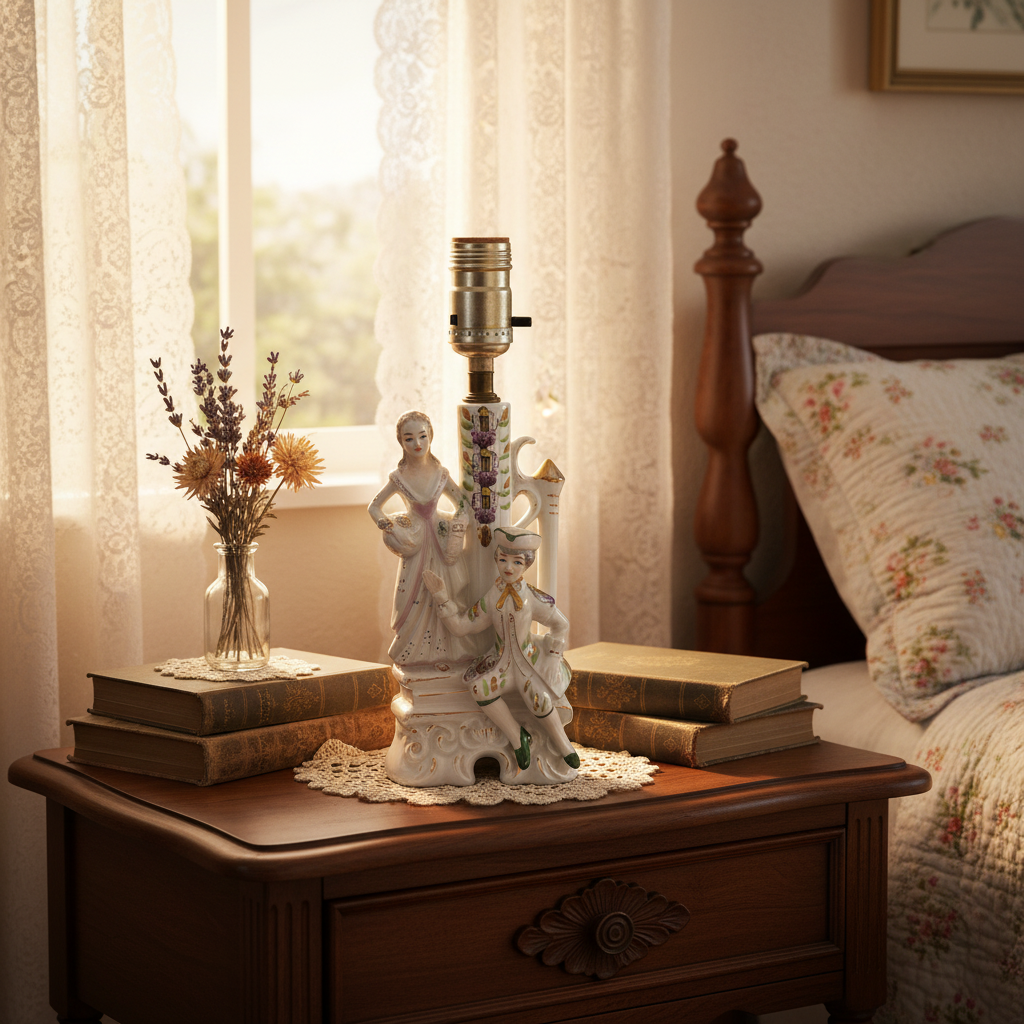 Vintage Wales Pottery porcelain boudoir lamp with Victorian courting couple glowing softly on a cottagecore bedside table with lace, dried flowers, and vintage books