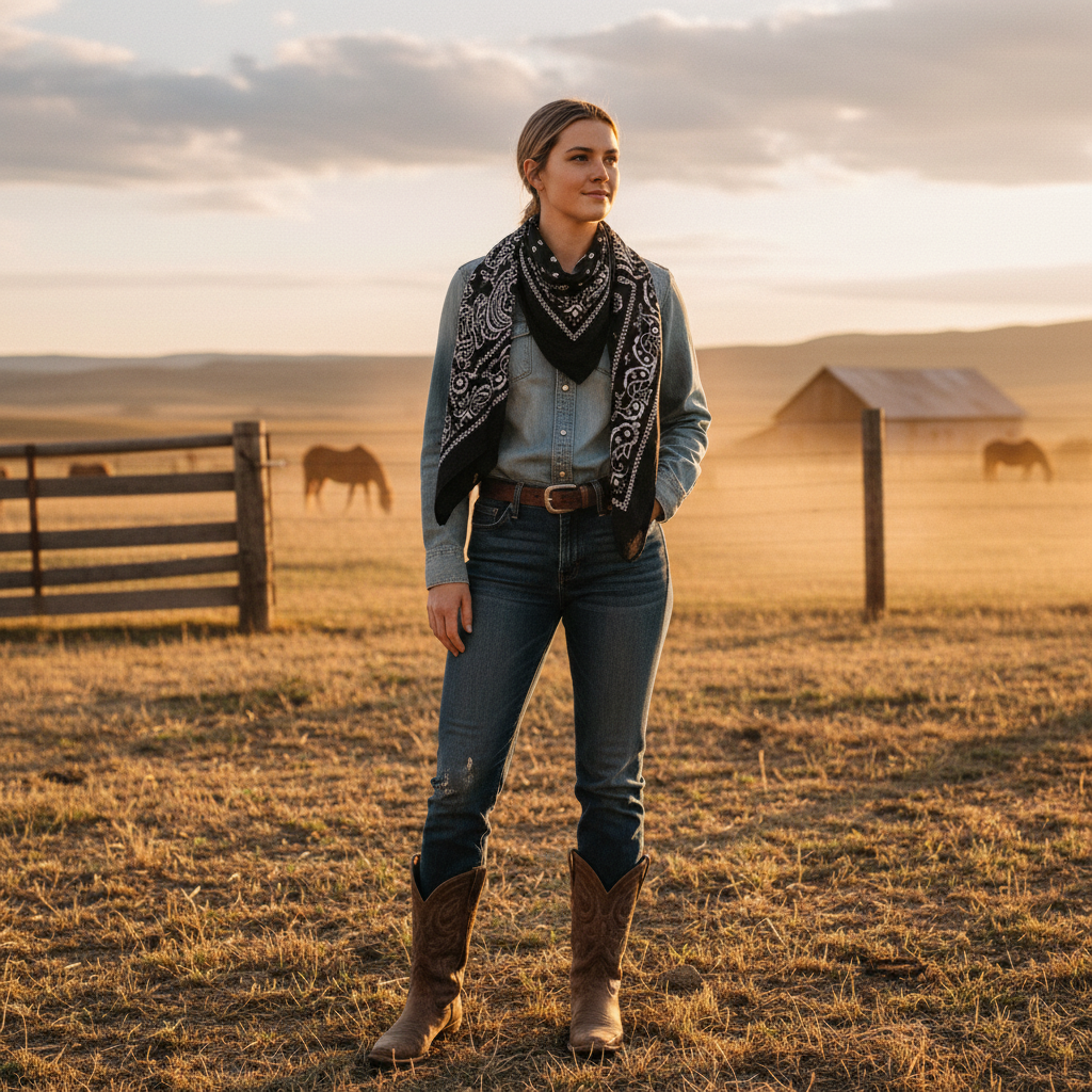 Woman wearing black white paisley wild rag scarf tied around neck at ranch, western cowgirl style golden hour