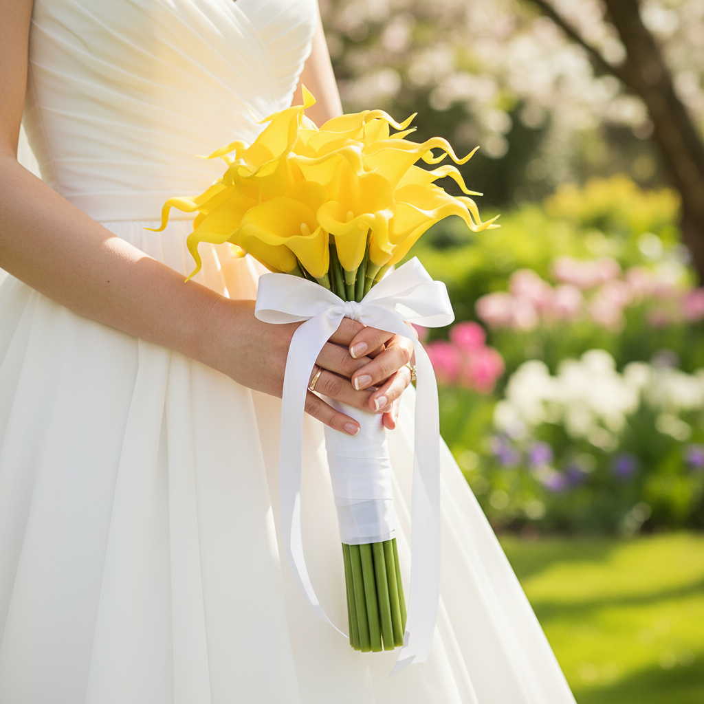 Vibrant yellow artificial calla lily bridal bouquet tied with white ribbon, outdoor spring garden wedding photography