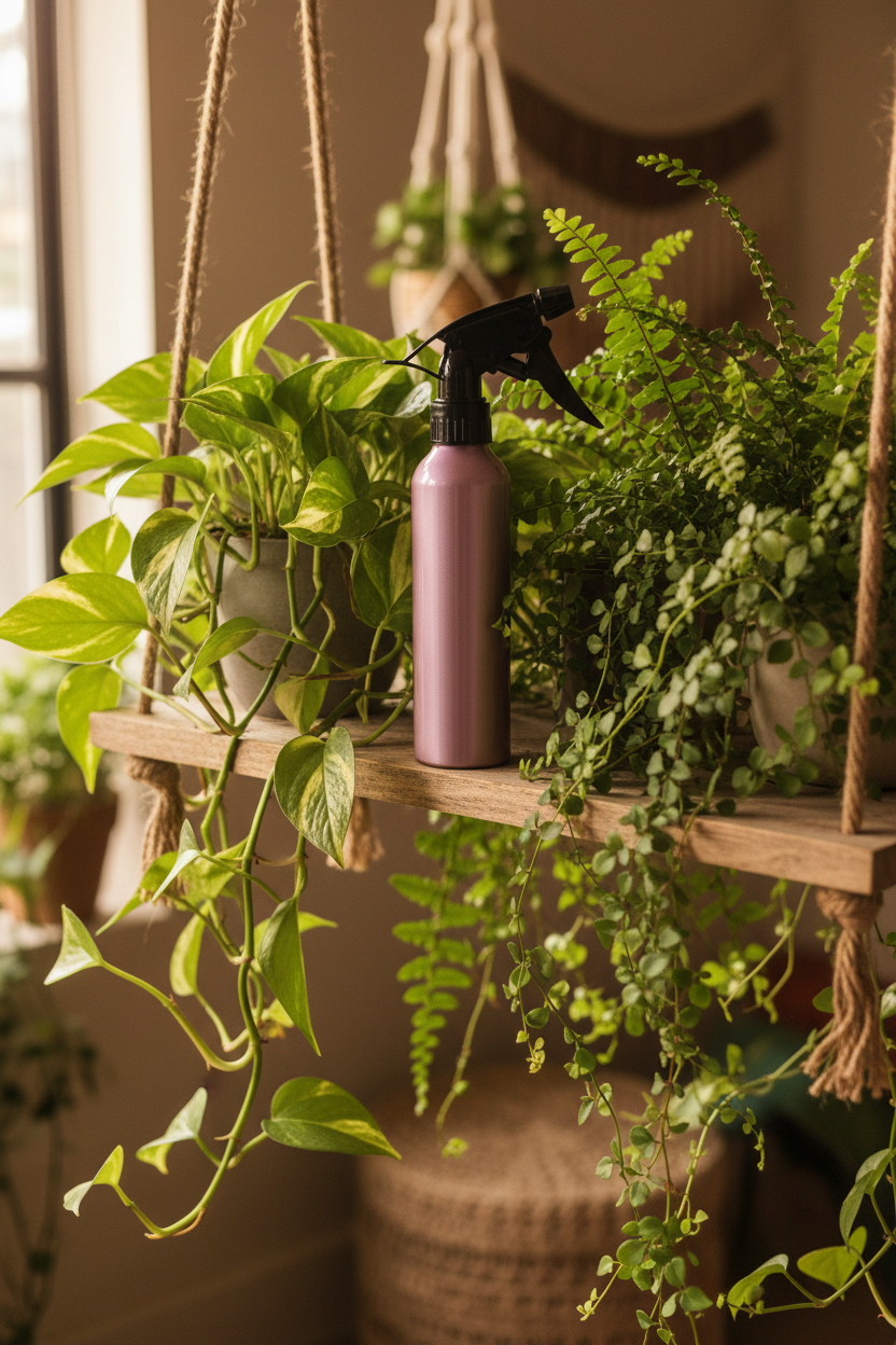 Rosy mauve metallic pink aluminum spray bottle among pothos ferns and trailing vines on boho wooden plant shelf, natural light