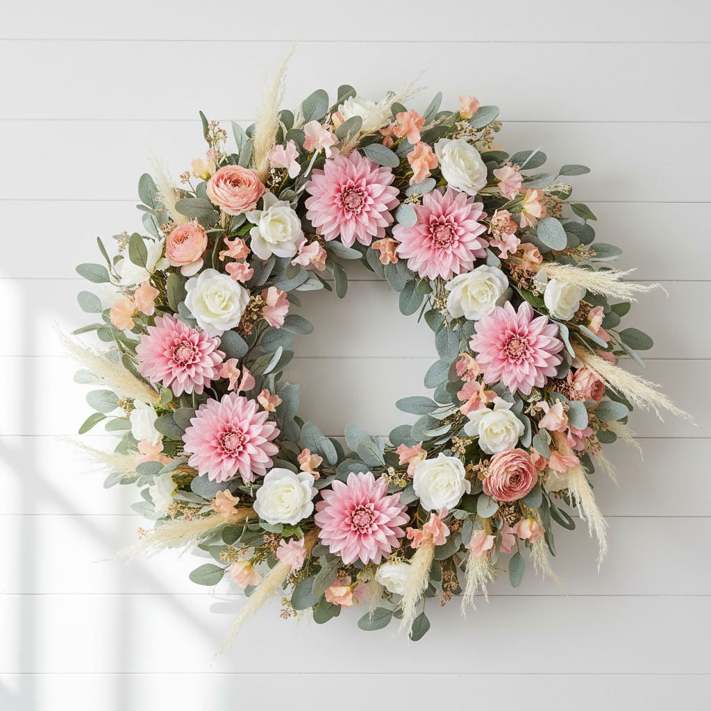 Round farmhouse wreath with soft pink dahlia blooms, white roses, blush ranunculus and pampas grass on shiplap wall